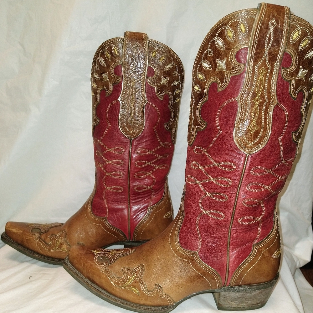 Ariat 10019926 Zealous 8B Red/Tan  Snip-Toe Wingtip Cowgirl Fashion Riding Boots